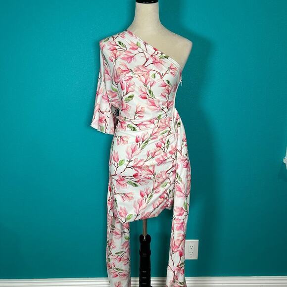 Bronx and Banco Layla Mini Dress Pink Floral One Shoulder Ruched Party Sz XS - Picture 5 of 7